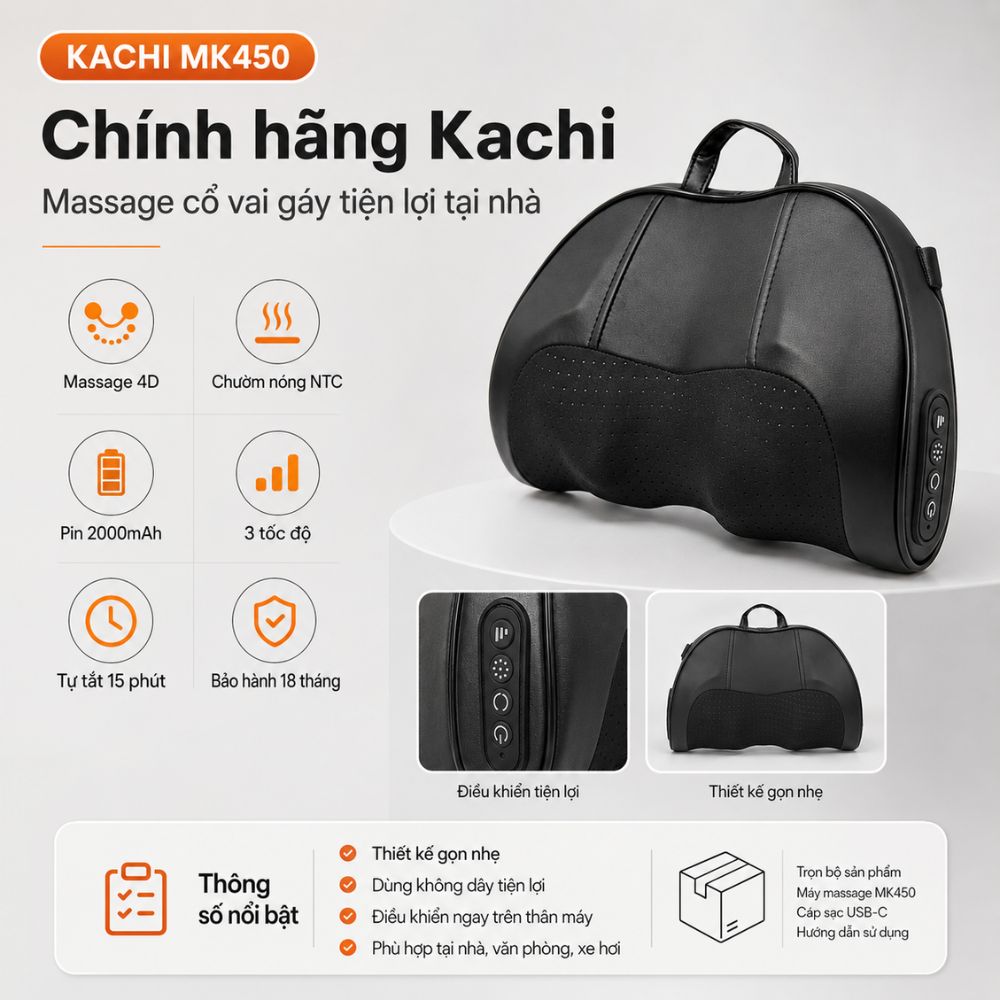 Gối Massage Cổ Vai Gáy Kachi MK450 – Công Nghệ Massage 4D Chườm Nóng - hàng chính hãng