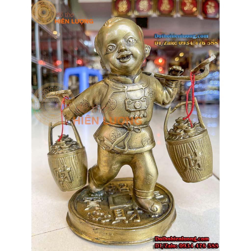 Đồng Tử Nam Gánh Gậy Như Ý 2 Thùng Kim Bảo Bằng Đồng Phong Thủy