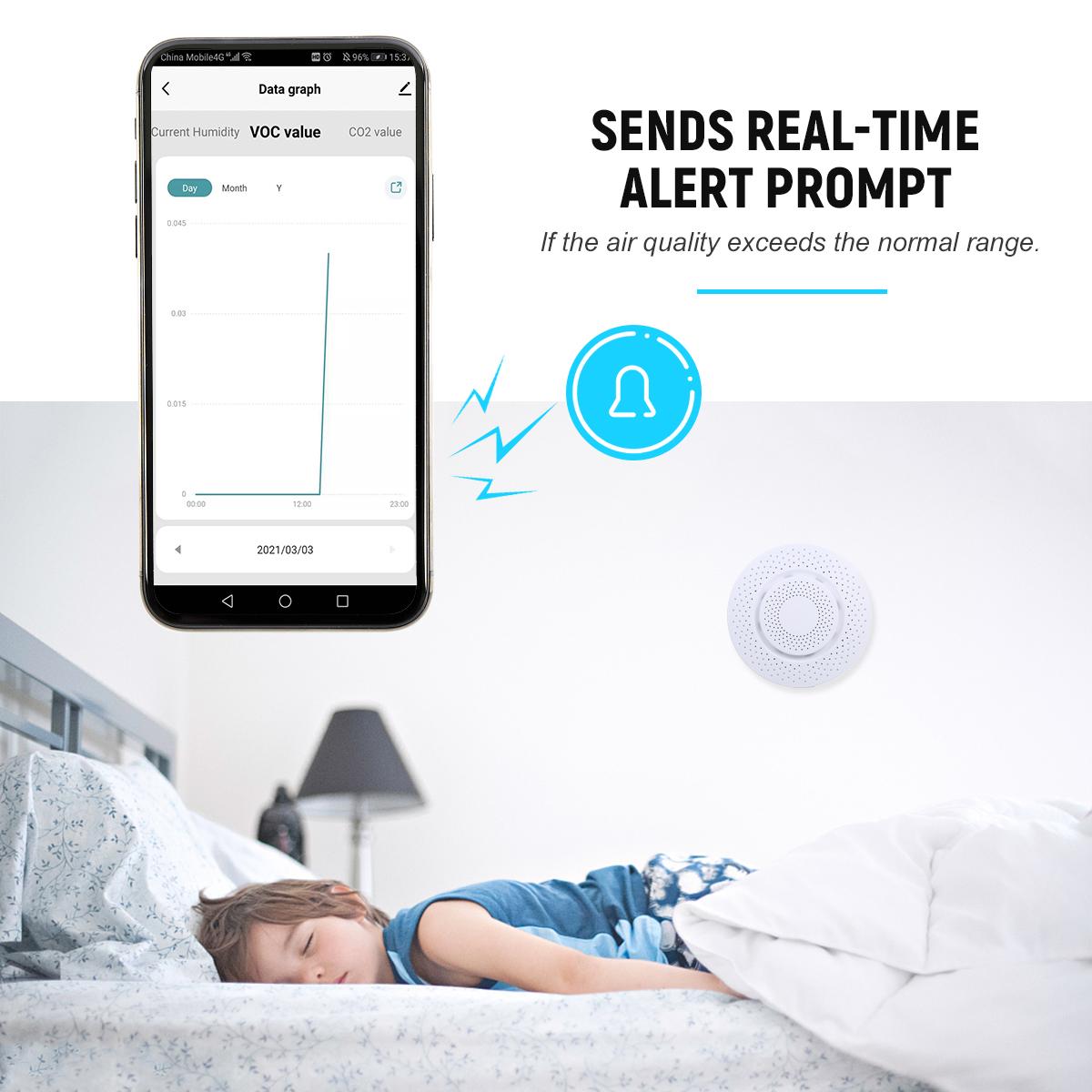 Máy theo dõi chất lượng không khí Wi-Fi thông minh Máy đo chất lượng không khí trong nhà với Cảnh báo ứng dụng và Bộ ghi dữ liệu