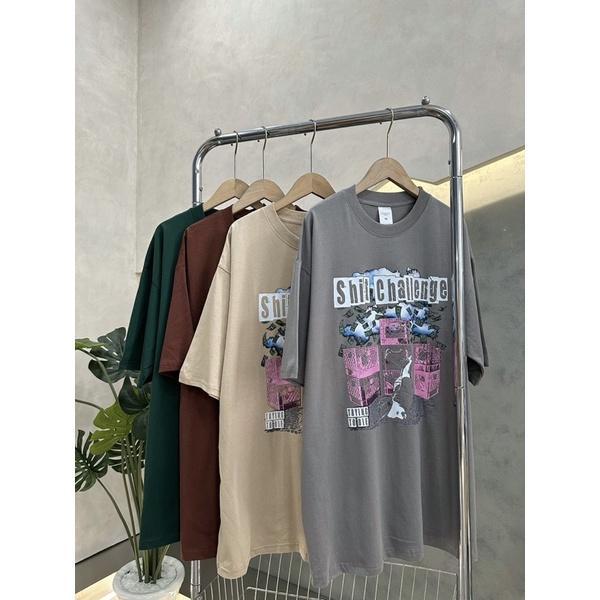 Áo thun cotton áo tay lỡ nam nữ form rộng in shit chan