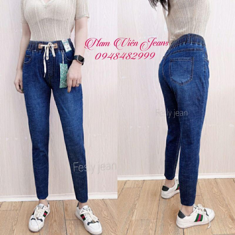 Quần Jean Nữ Cạp Chun Thêu Túi Lưng Cao