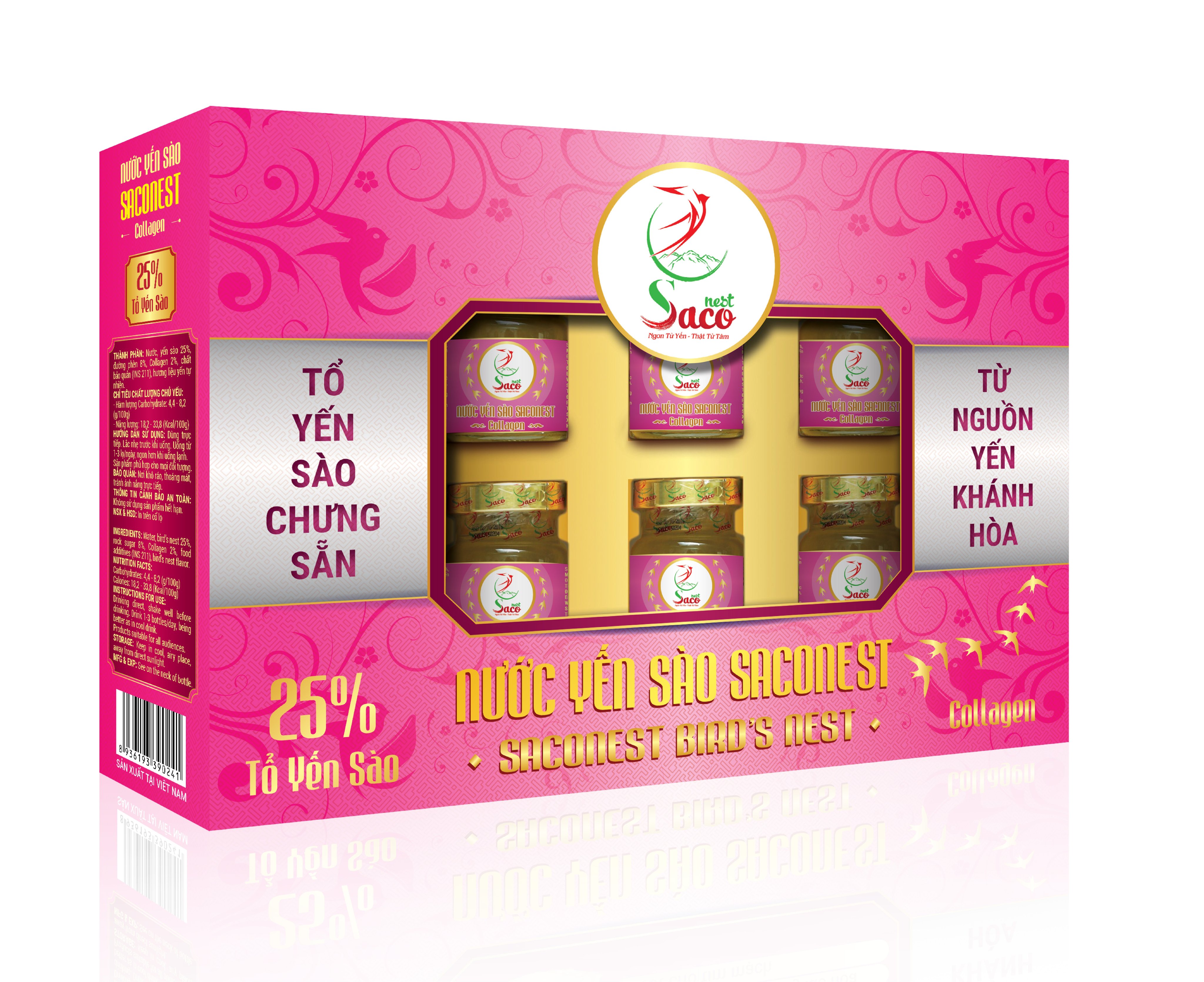 25% Yến Sào - Nước Yến Sào Cao Cấp Saconest Collagen 25% Yến Sào - Hộp 6 lọ , Lọ 70ml - Phục hồi trẻ hóa làn da