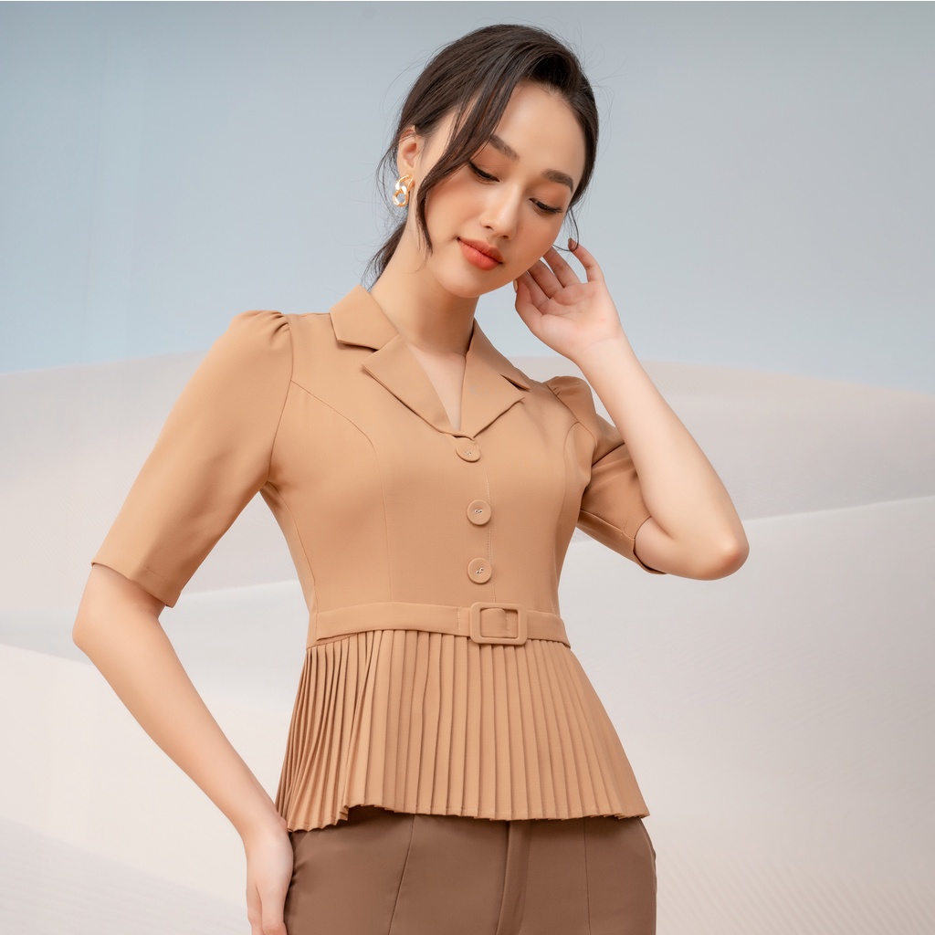 Áo Ký Giả Peplum Dập Ly UK Fashion Thiết Kế Tay Ngắn Bo Eo Điệu, Chất Liệu Nhập Hàn Mềm Mịn NKFSM2110001