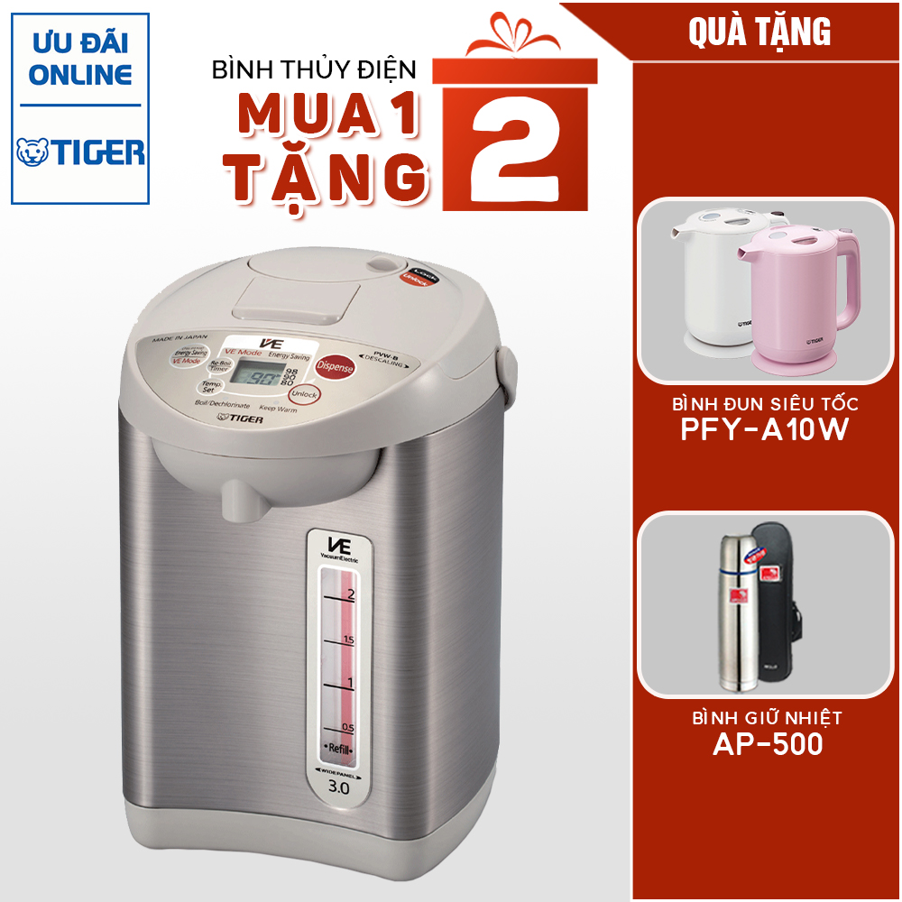 Bình thủy điện tử chân không Tiger PVW-B30W  Tặng Bình giữ nhiệt Apollo AP-500 + Bình đun siêu tốc Tiger PFY-A10W - Hàng Chính Hãng