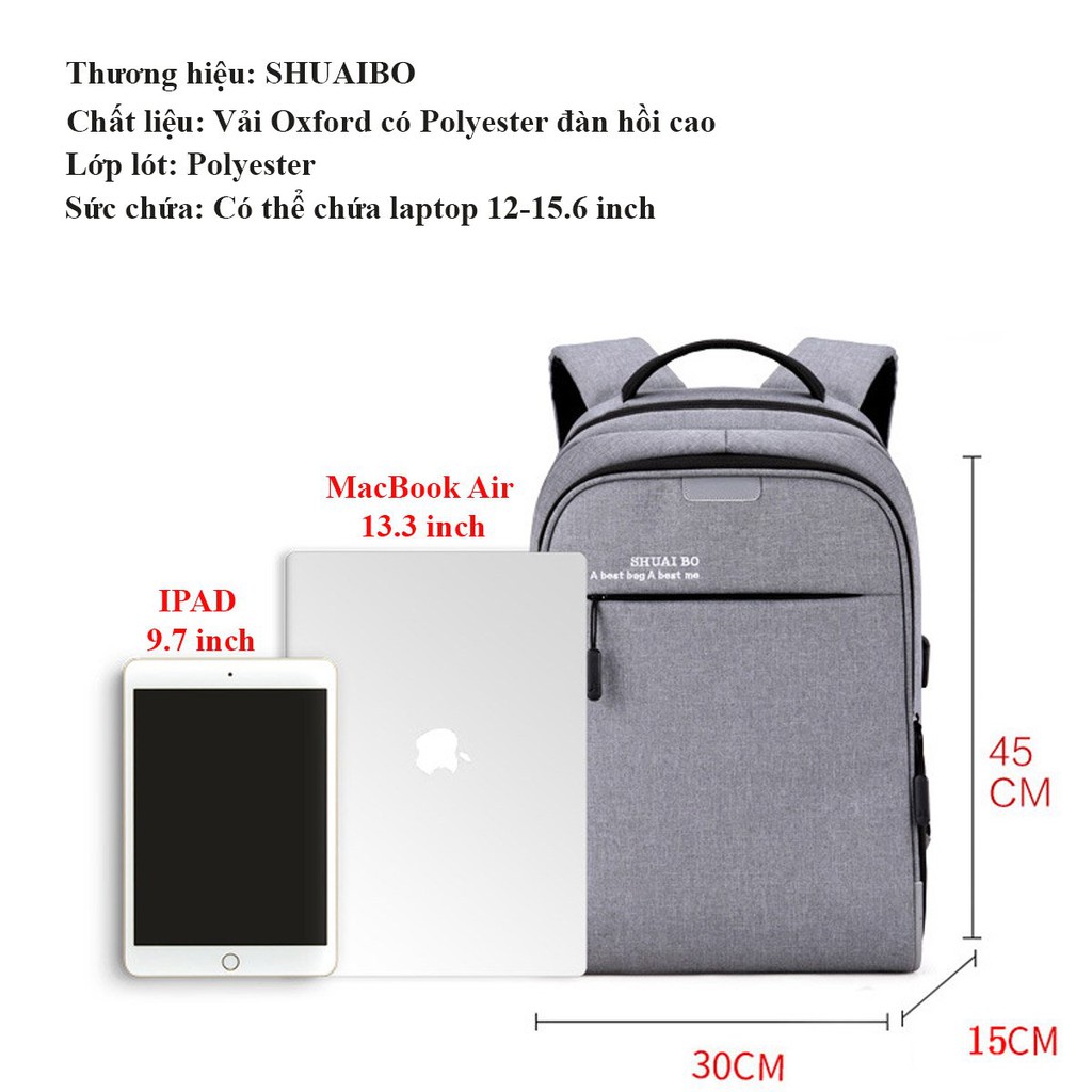 Balo thời trang nam chống nước đựng laptop 15.6inch rộng rãi phù hợp cho học sinh, sinh viên, người đi làm- SHUAI BO-616