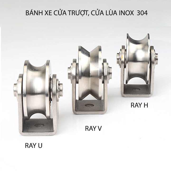 Bộ bánh xe cho cửa cổng trượt, cửa lùa bằng inox 304, loại 16x48mm, Ray U, V, H tùy chọn