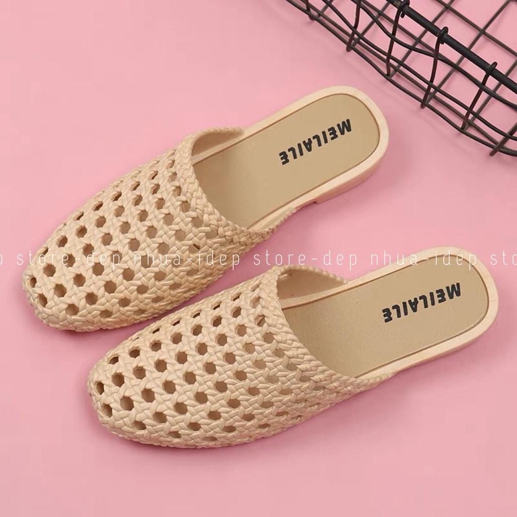 Giày sục nhựa dẻo mules lỗ tổ ong 2cm cao su đi mưa bít mũi nữ chống trơn iDÉP- SL027