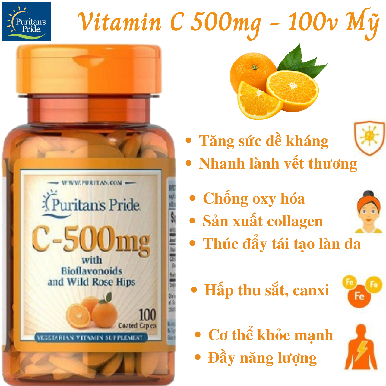 Vitamin C Mỹ Puritan's Pride 500 mg with Bioflavonoids & Wild Rose Hips tăng sức đề kháng, tăng sản xuất collagen, nhanh lành bệnh - Massel Official