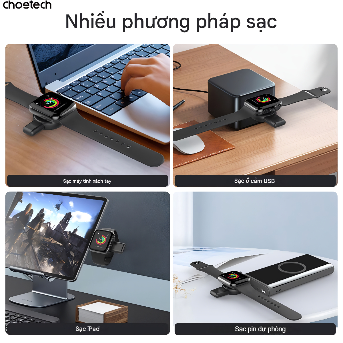 Sạc không dây đồng hồ đa năng Choetech T606 với 2 đầu cắm USB A + Type C dùng cho đồng hồ thông minh (Hàng chính hãng)