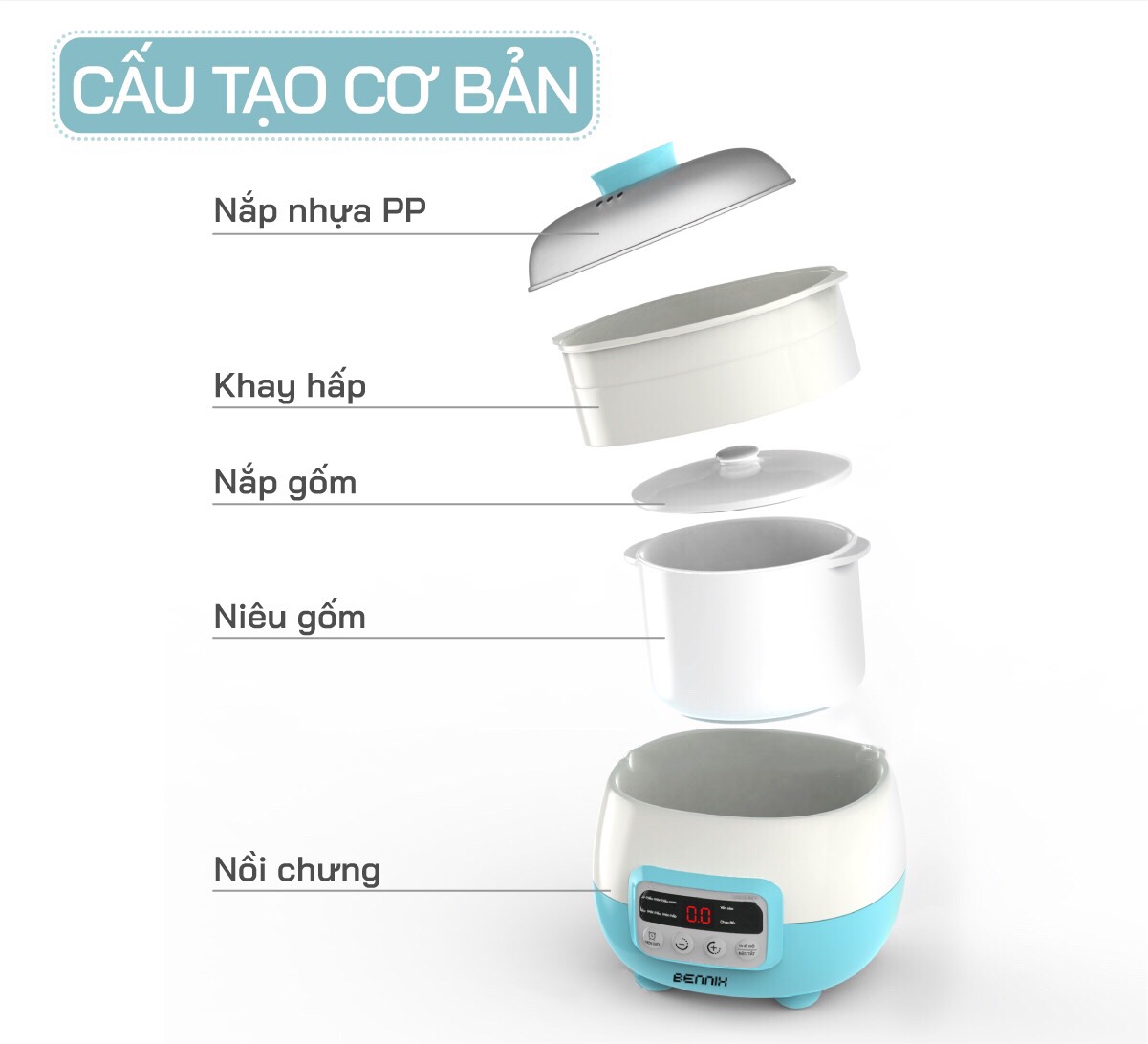 Nồi Nấu Cháo Chậm Và Hấp Cách Thủy Bennix BN-100A Steam ( 1 Lit) - Hàng Chính Hãng