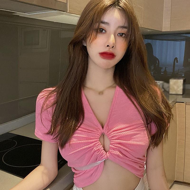 Áo Thun Ngắn Tay Cổ Chữ V Ôm Dáng Thời Trang Dành Cho Nữ