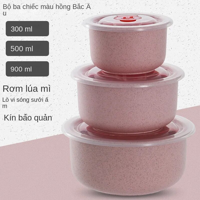 Bộ 3 hộp cơm tròn chất liệu nhựa lúa mạch có nắp có thể dùng cho lò vi sóng