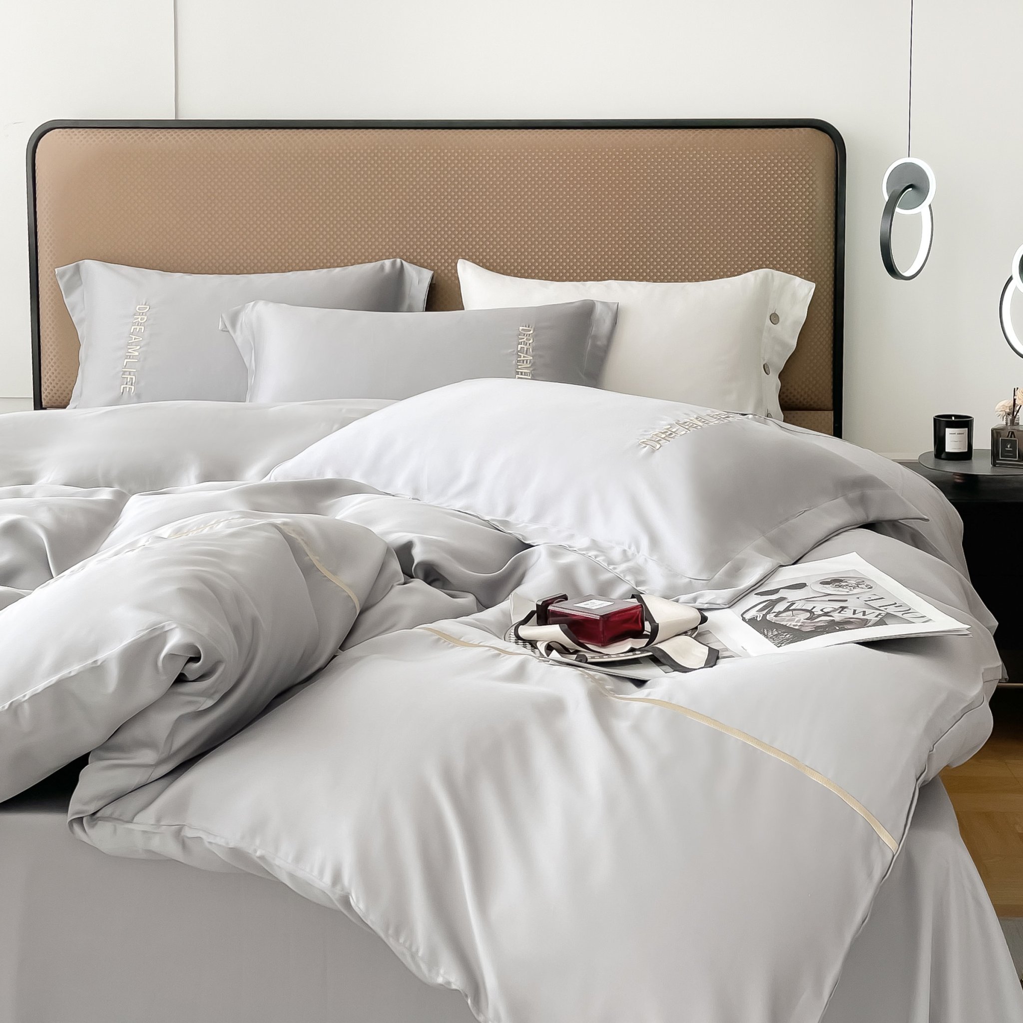 Bộ Chăn Ga Drap Giường Tencel 60s Bộ Chăn Ga Gối Đệm 5 Món Chăn Chần Bông Lụa Nhà Hin Home Bedding