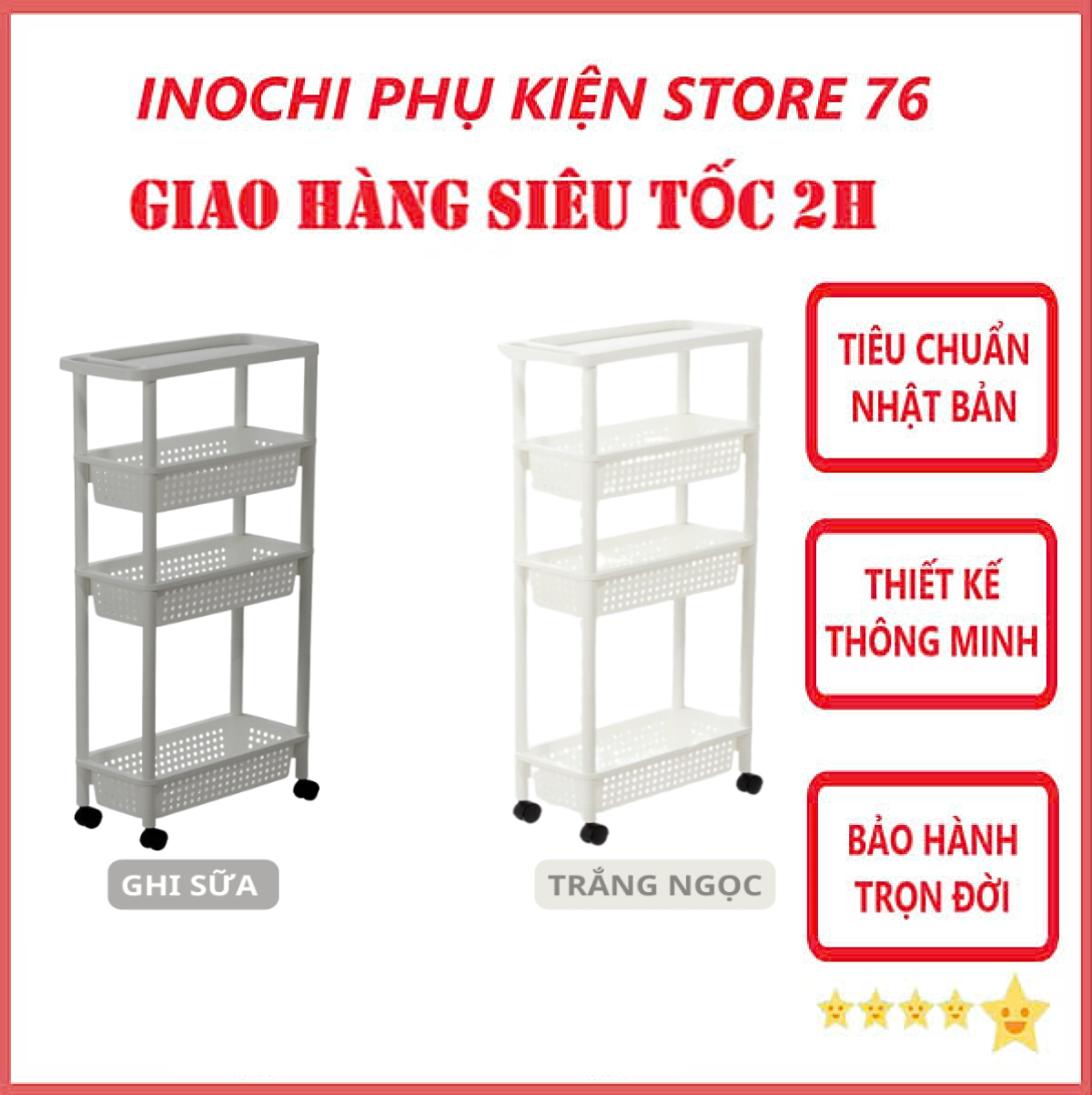 Kệ Di Động Tokyo 4 Tầng Có Bánh Xe Di Chuyển Linh Hoạt -Chính Hãng inochi (Tặng kèm khăn lau đa năng pakasa)