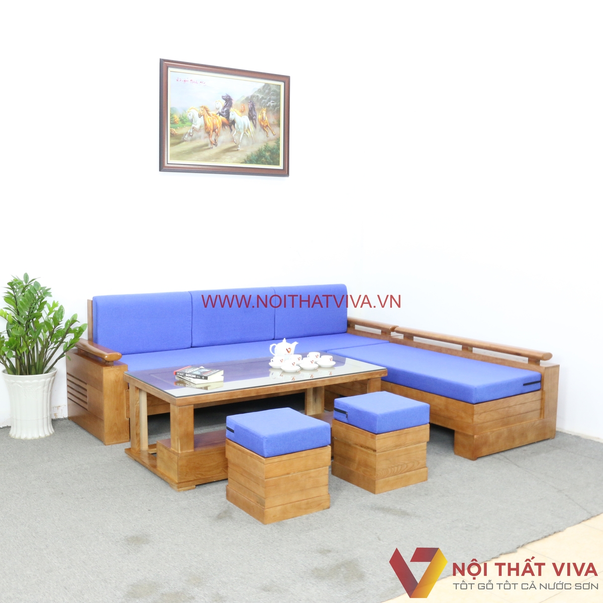 Bộ Bàn Ghế Phòng Khách Gỗ Sồi Nga Kèm Nệm Màu Xanh Dương Đẹp Giá Rẻ