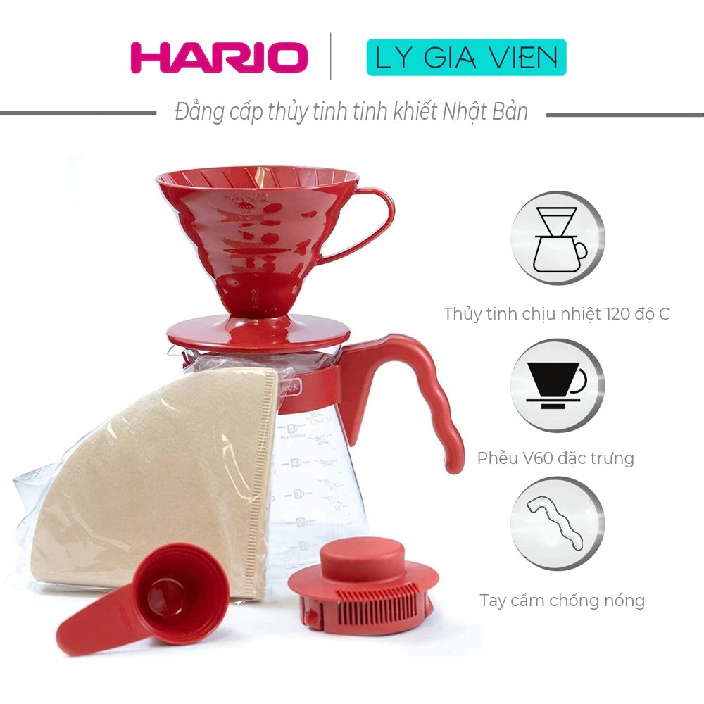 Set Bình Pha Cà Phê Drip Hario V60 Coffee Server 02 Set - 2Cup - Đỏ