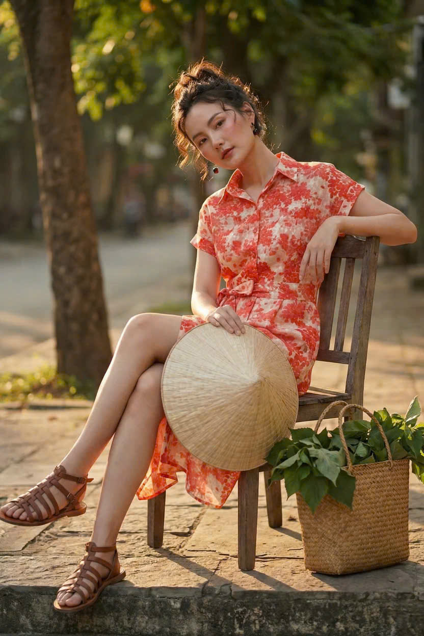 Đầm Sơ Mi Ramie Hoa Đỏ Thanh Minh Dre232 Thời trang Hity