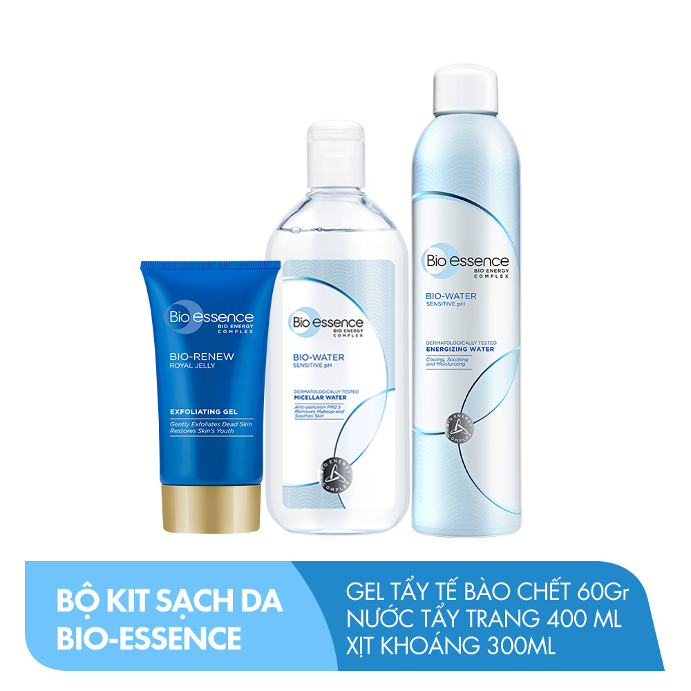 Combo làm sạch da Bio-Essence ( Xịt khoáng Bio-Water 300ml+ Nước tẩy trang 400ml+ Gel tẩy tế bào chết Renew 60gr)