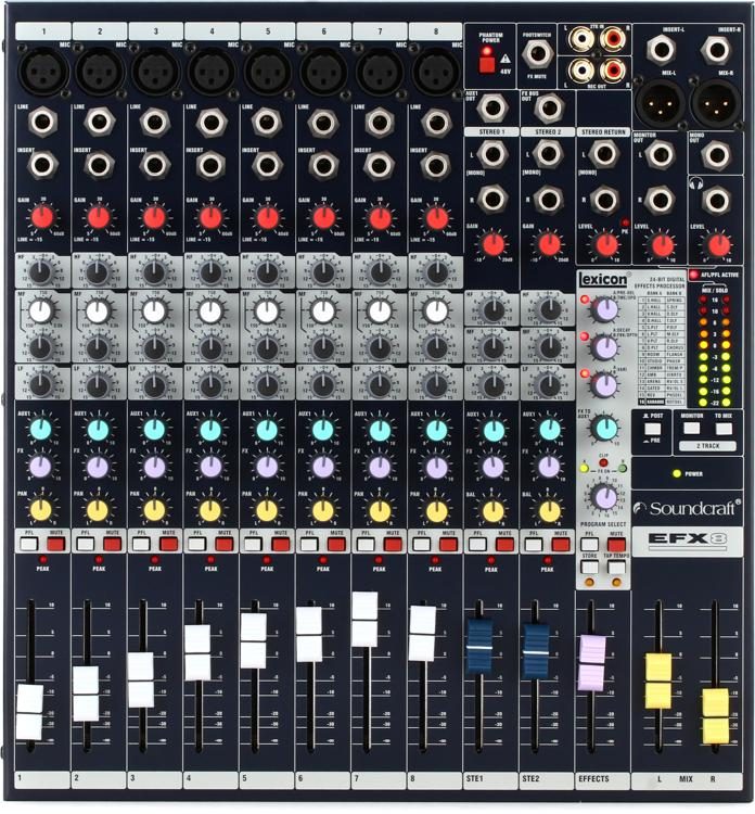 Bàn Mixer Soundcraft EFX8 – Mixer số chuyên sử dụng cho âm thanh chuyên nghiệp, sân khấu, hội trường, sự kiện, phòng hát cao cấp – 10 kênh (8 mono, 2 stereo) - 32 chế độ effect - Hàng nhập khẩu loại I