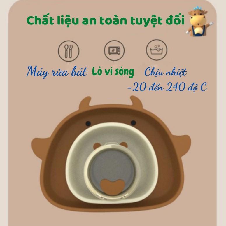 5 chi tiết - Bộ khay ăn dặm silicon đế hít chống lật gồm khay, bát, cốc silicon, thìa ăn dặm silicon hình chú bò