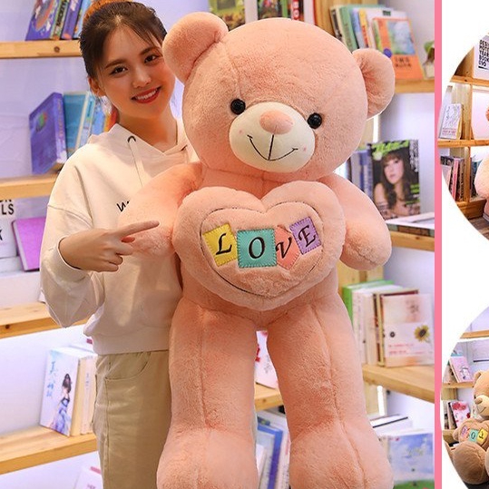 Gấu bông Teddy ôm tim - Size từ 1m1 đến 1m5 - Quà tặng gấu bông teddy vải lông tuyết mịn