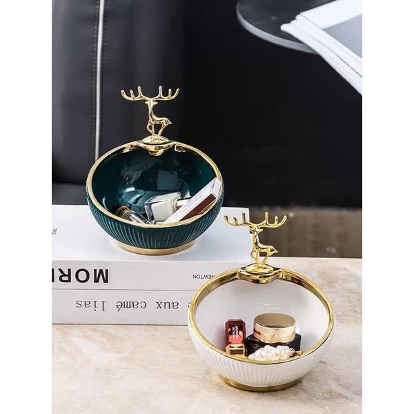 BÁT SỨ HÌNH HƯƠU ĐỰNG KẸO VÂN SỌC MẠ VÀNG DECOR CAO CẤP