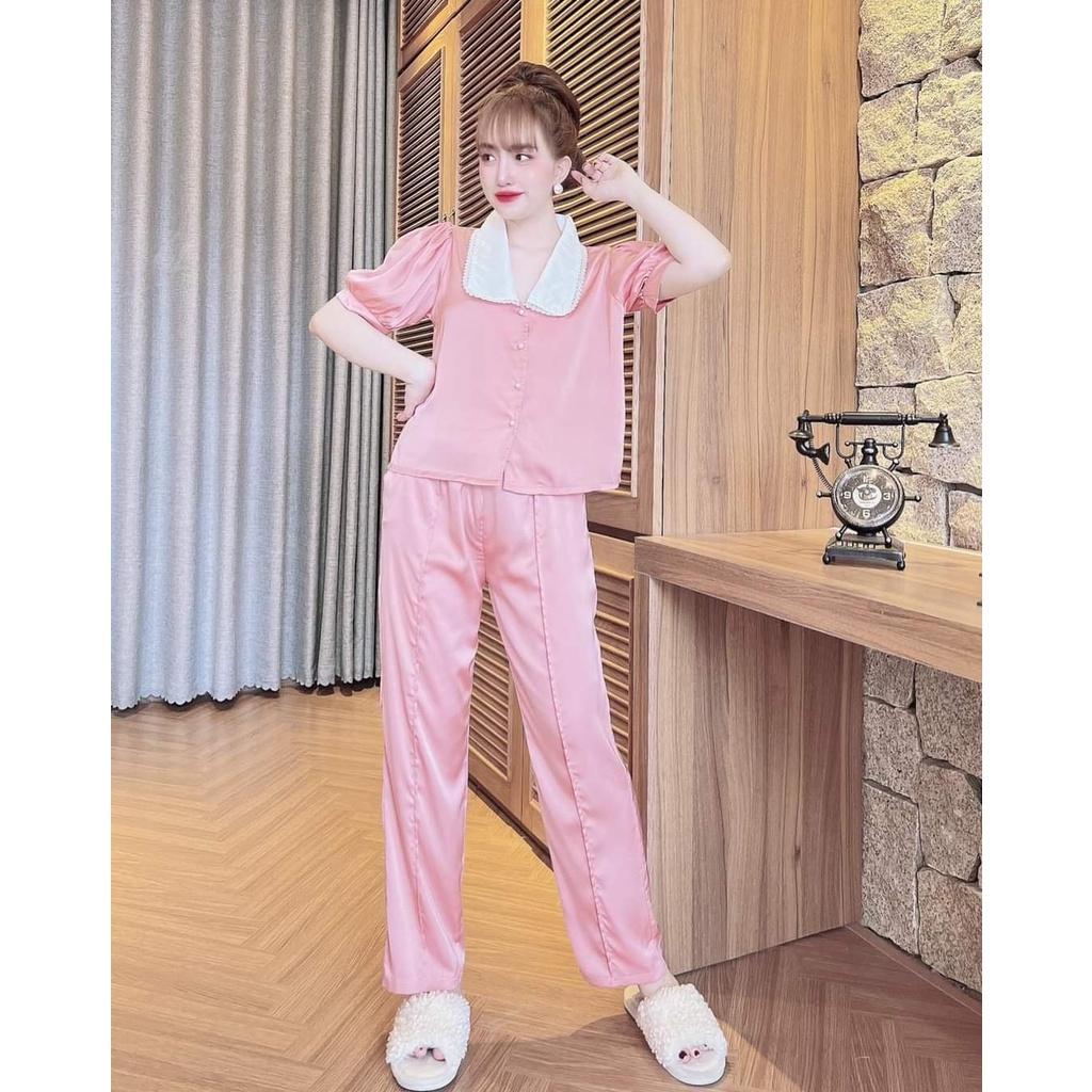 Bộ Pijama Quần Dài, Đồ Mặc Nhà Nữ Chất Lụa LATIN, Vải Đẹp, Bộ Ngủ Tay Ngắn Phối Lá Cổ Ren, Phom Dưới 56kg