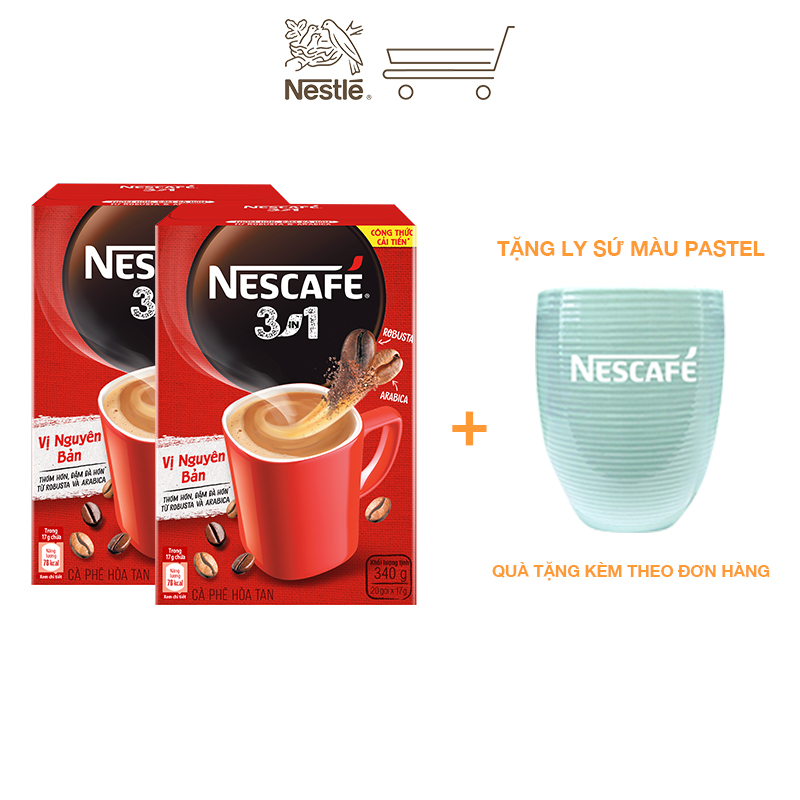 [Tặng 1 ly sứ màu pastel] Combo 2 hộp cà phê hòa tan Nescafé 3in1 vị nguyên bản - công thức cải tiến (Hộp 20 gói)