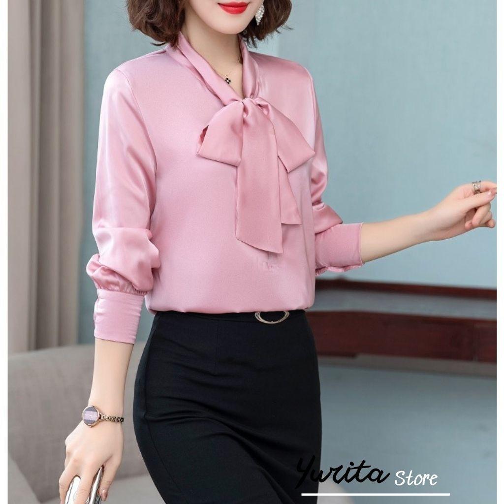 Áo Sơ Mi Kiểu Công Sở Đẹp YURITA Tay Dài Cổ Thắt Nơ Màu Hồng Chất Lụa Cao Cấp From Rộng Hàn Quốc Ulzzang Vintage A1H