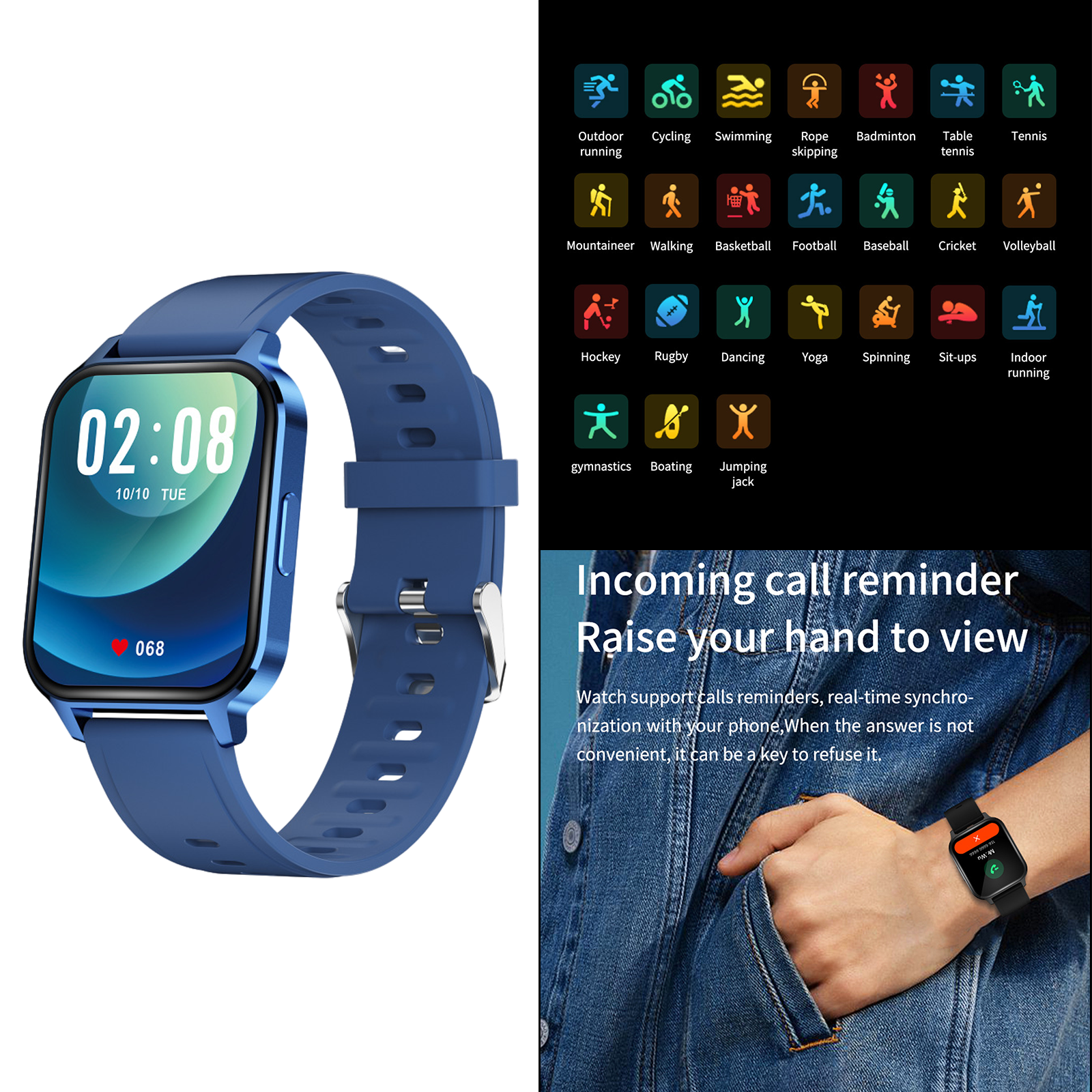 Smart Digital Smartwatch  Monitor IP68 Waterproof Fitness Black