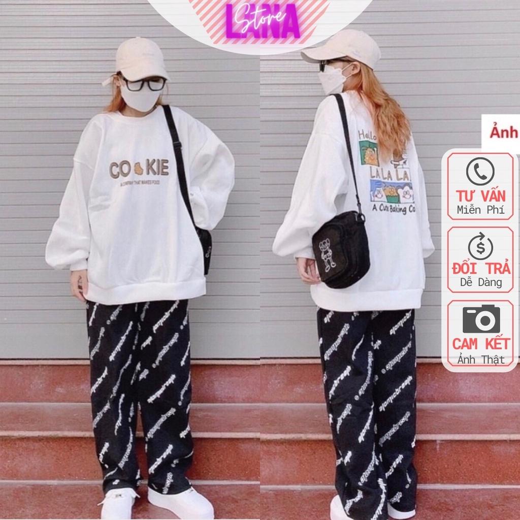 Áo Sweater Nỉ Ngoại Cookie tay phồng dày dặn Áo Swt Trắng In Hình Dễ Thương Tay Phồng Dài