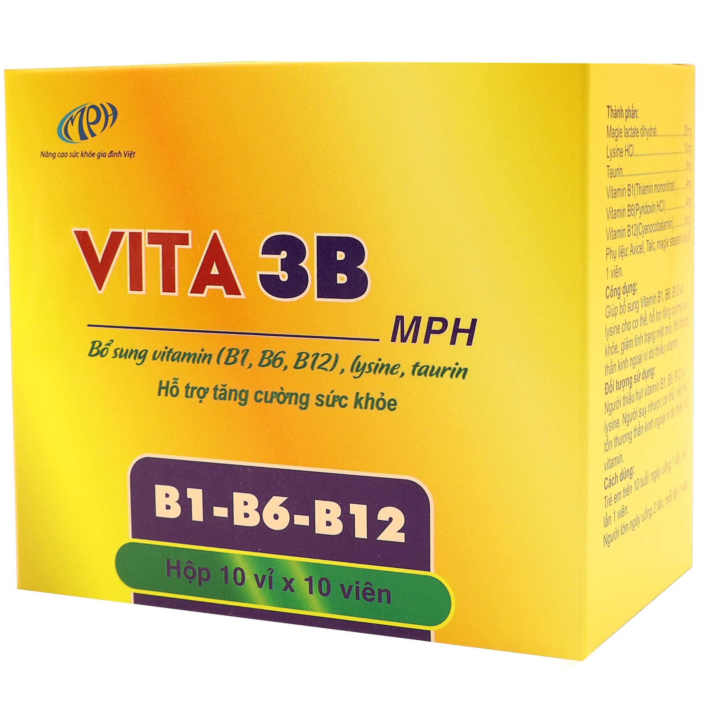 Vitamin b Vita3B - Cung cấp các vitamin thiết yếu cho cơ thể:  B1, B6, B12. Hỗ trợ tăng cường sức khỏe, giảm mệt mỏi. Hộp 100 viên. SP chính hãng, đạt chuẩn GMP - WHO.