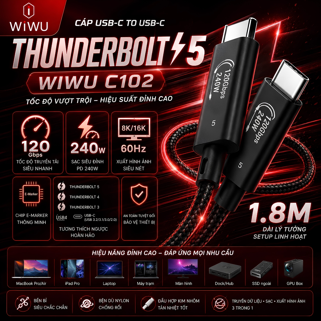 Dây cáp sạc Thunderbolt 5 240W Chip E-Marker HyperBolt Ultra WIWU C102 USB-C to Type-C 1.8M 120Gbps PD 240W 8K/16K 60Hz cho Macbook / iPhone / iPad / Laptop - Hàng nhập khẩu