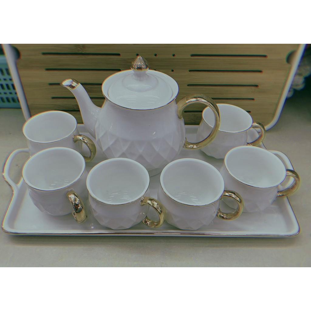 BỘ ẤM CHÉN PHA TRÀ TRĂNG VÂN VUÔNG CHÉO