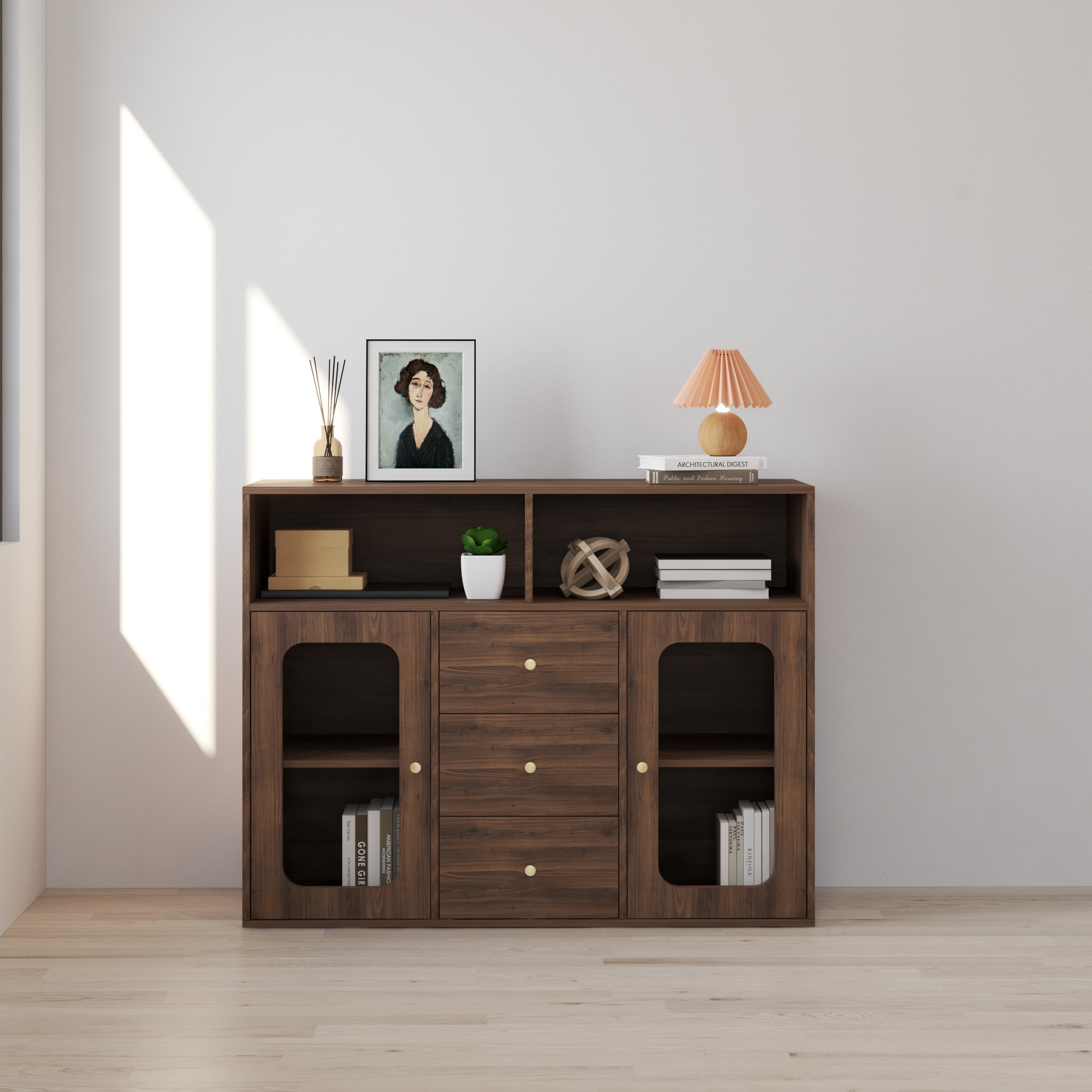 HAPPY FURNITURE , Tủ lưu trữ 2 cửa kính 3 ngăn kéo - NOAH , TLT_065 , 130cm x 45cm x 100cm DxRxC