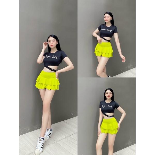 Set bộ váy 2 tầng áo croptop hiphop tập nhảy aerobic, Zumba, khiêu vũ, trang phục biểu diễn, đi bơi,đi biển nữ