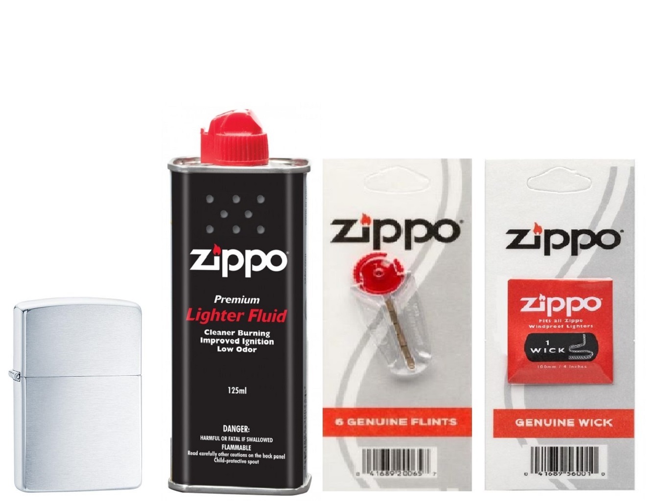 Bộ 4 Sản Phẩm: Bật Lửa Zippo Brushed Chrome 200+Xăng+Đá+Bấc