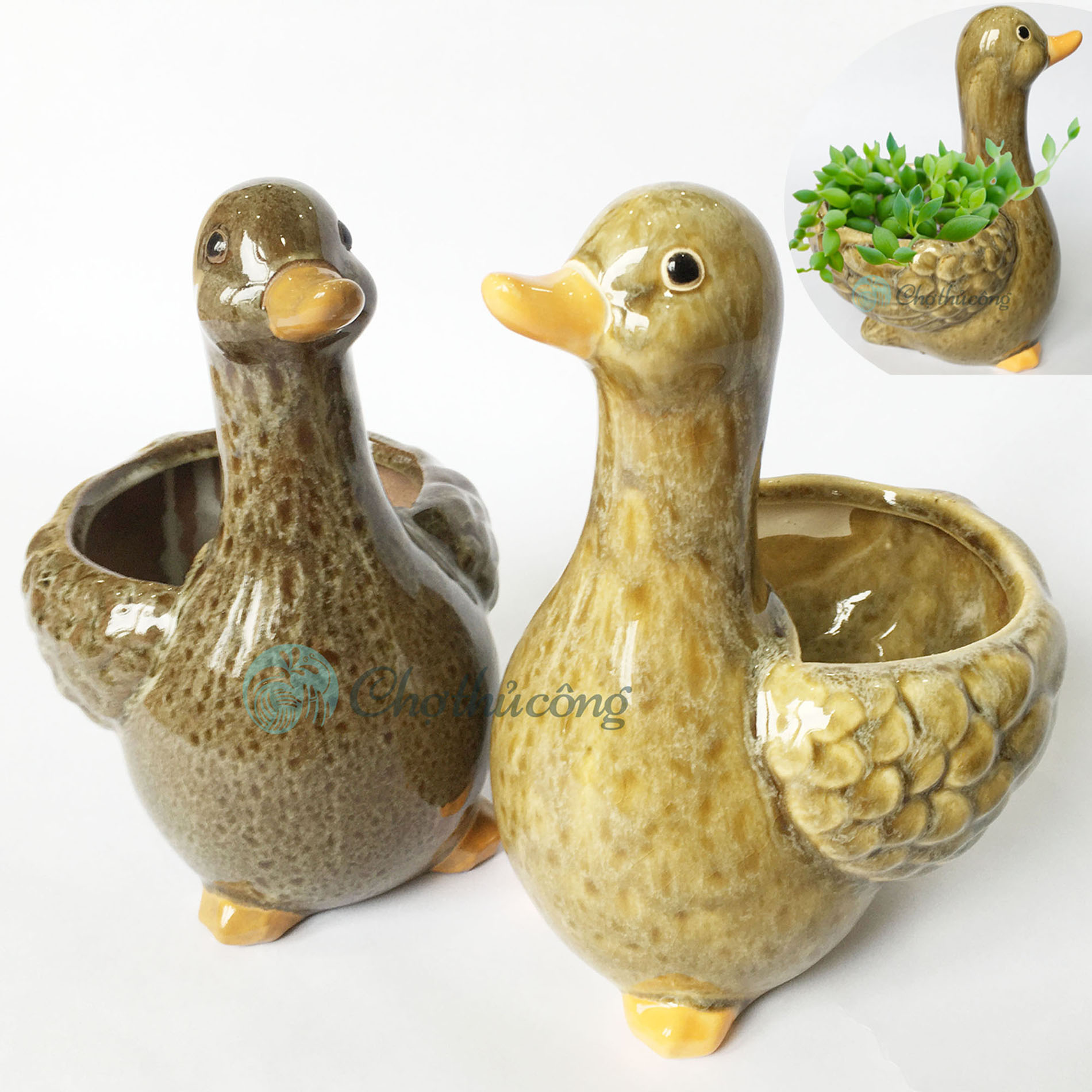 Vịt gốm tráng men - Chậu tượng gốm xinh xắn có lỗ dùng trồng cây, trang trí, decor sân vườn