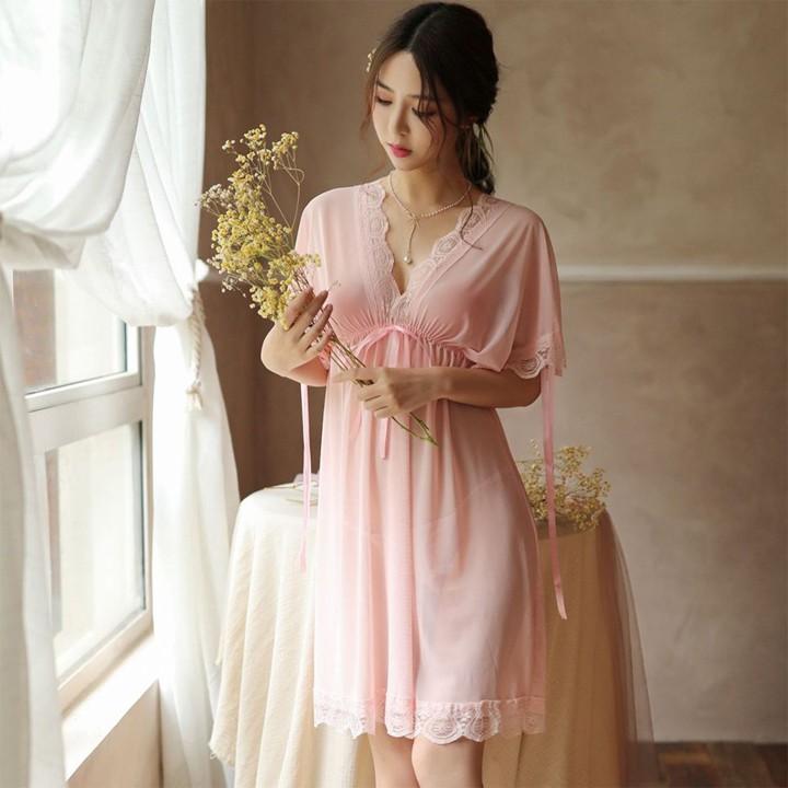 Váy ngủ ren sexy bẹt vai mặc hai kiểu đồ ngủ big size voan thun màu bột đậu lạ mắt