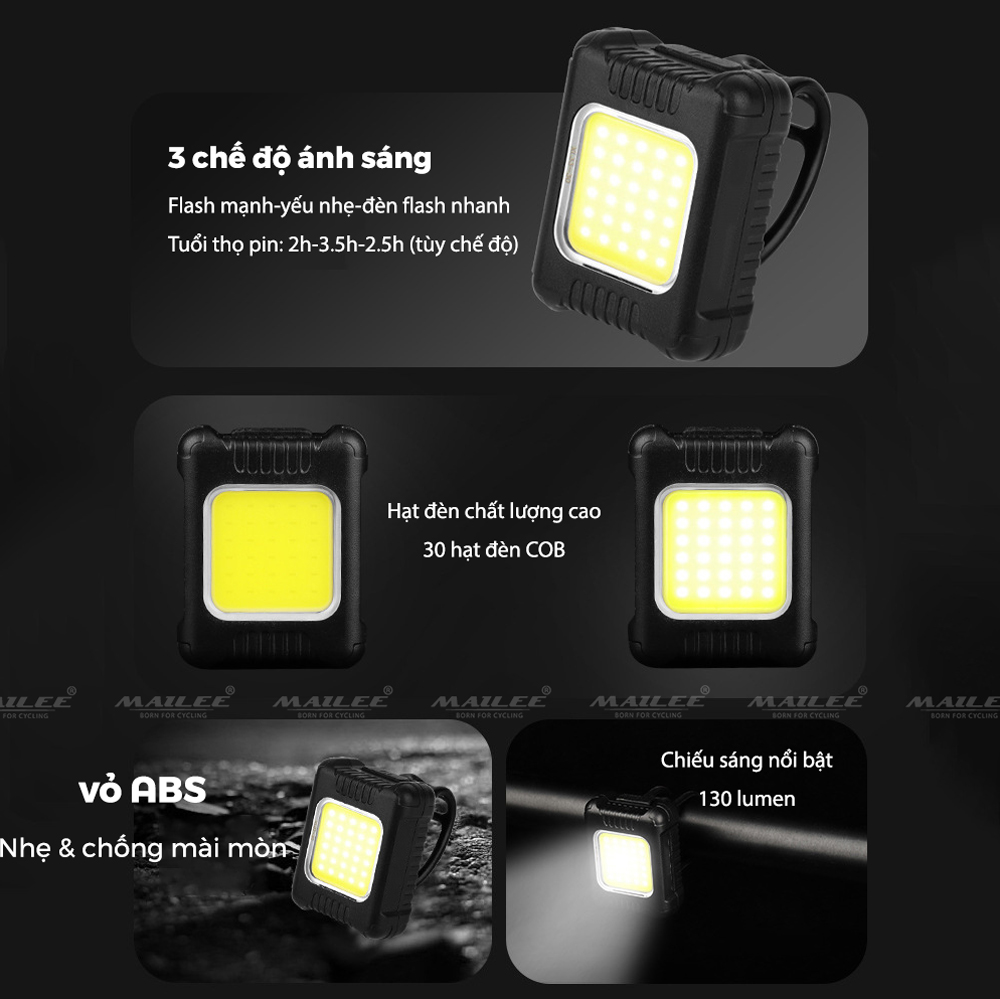 Đèn LED mini trước sau cho xe đạp BG-3133 sạc USB type-C, dung lượng 120mAh, hạt LED COB chống nước cho xe đạp 80-130 lumens - Mai Lee