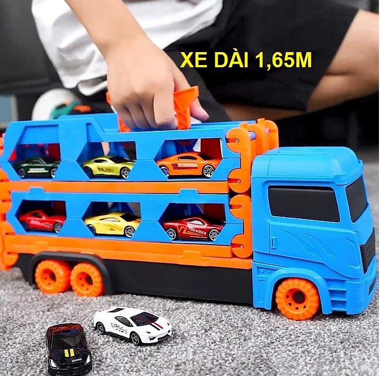 Ô tô đồ chơi xe tải 3 tầng kèm 6 xe đua nhỏ mô hình đường đua xe dài 1,65m có thể gấp gọn cho bé