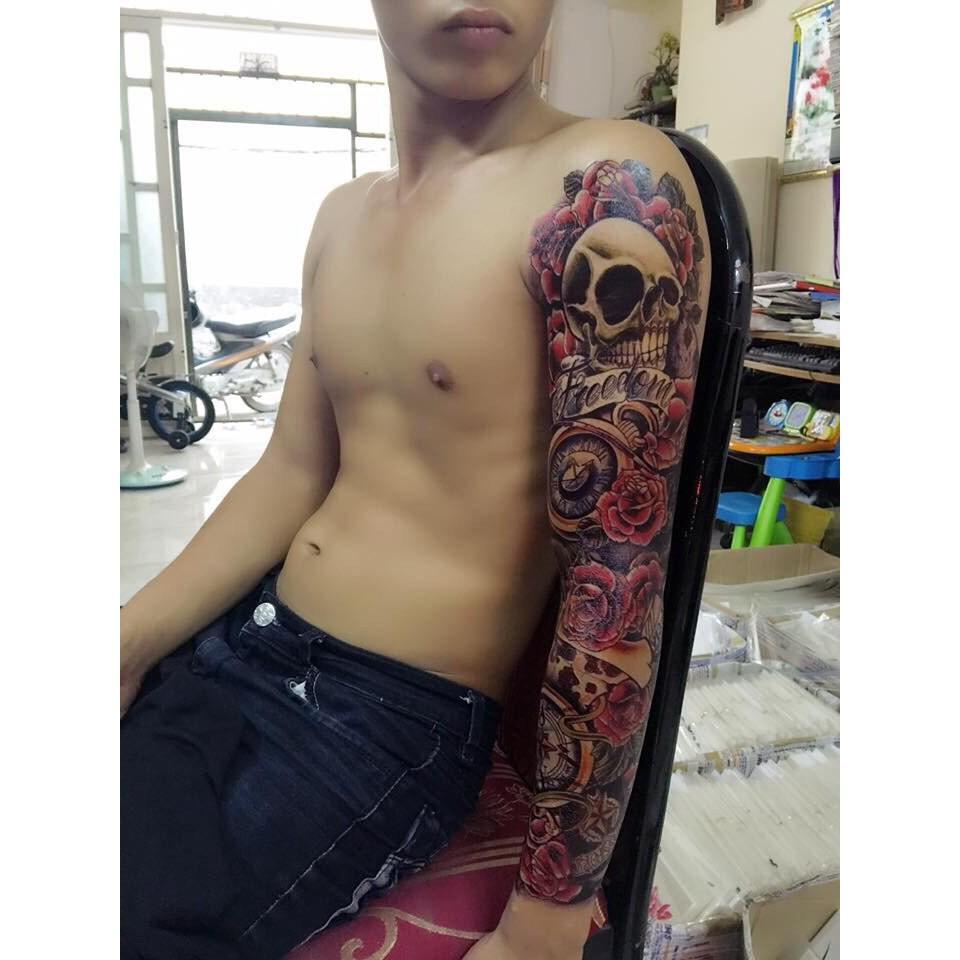 Combo 2 tấm hình xăm đầu lâu đẹp kín tay màu 17x48cm- mua 2 combo tặng 1 bắp tay xinh