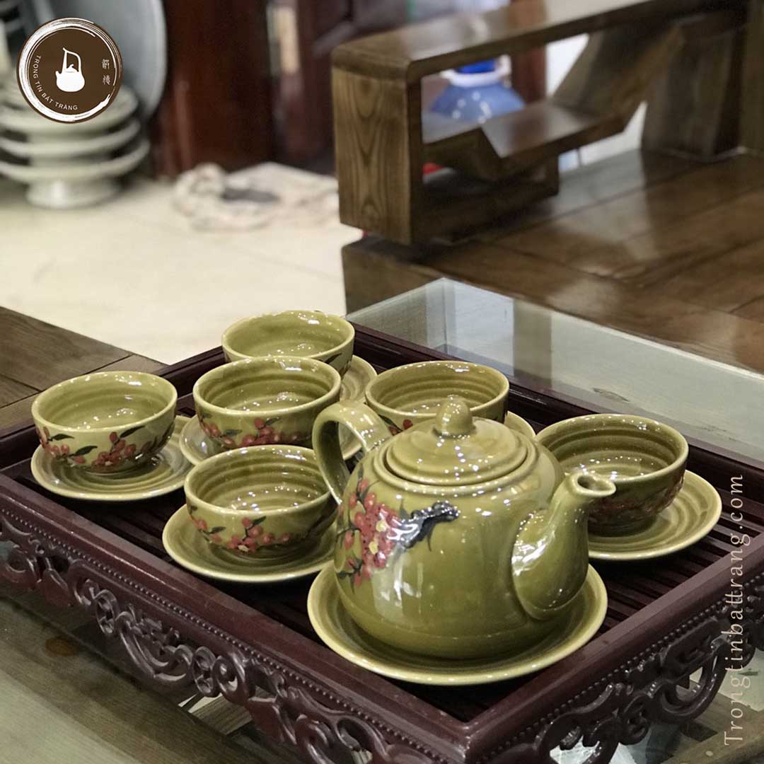 Bộ Ấm Chén Giả Cổ Thời Lý Bát Tràng Họa Tiết Hoa Mai Đỏ Dáng Đức Chung Dung Tích 450ml AHL 13