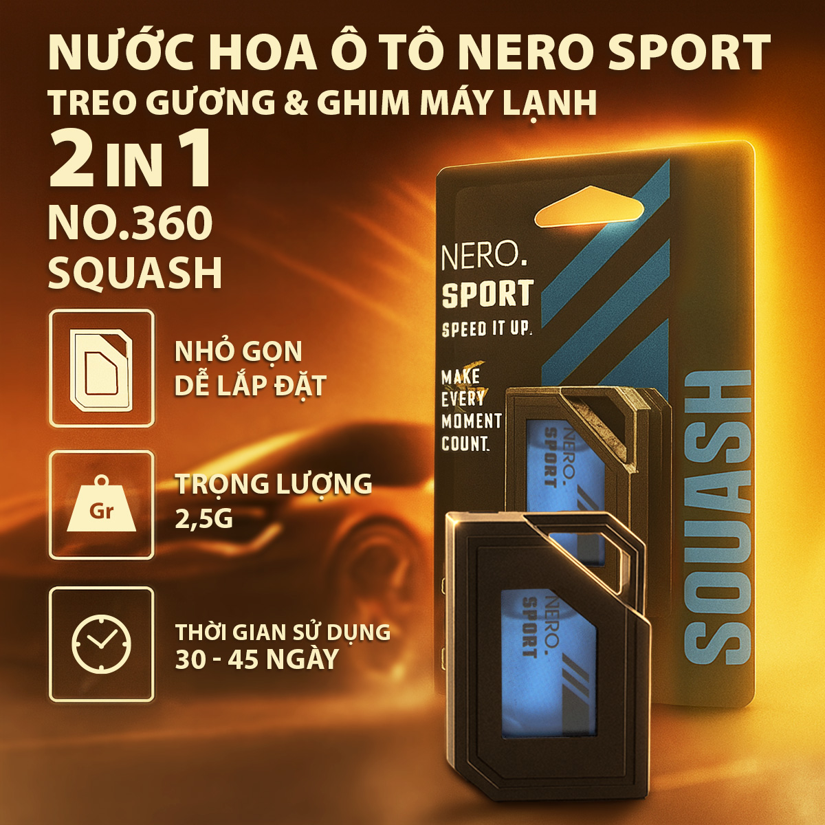 Nước Hoa Ô Tô 2in1 Treo Gương &amp; Ghim Máy Lạnh AIR-Q Nero Sport No360 Đánh Thức Cảm Xúc Trên Mọi Hành Trình - Nhập Khẩu Chính Hãng