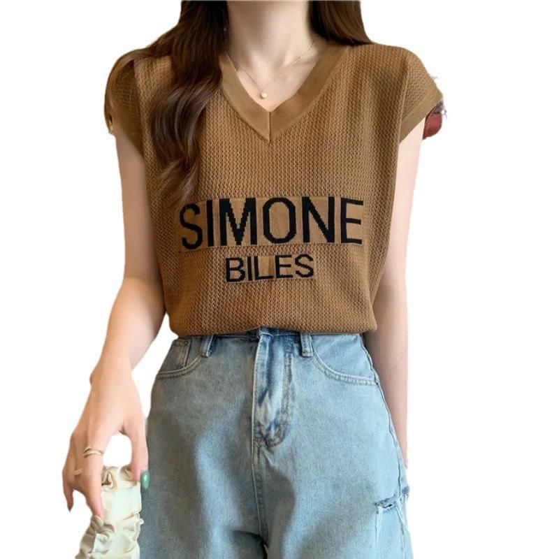 Áo lưới len Montoghi dệt kim in chữ SIMONE BILES tay hến cổ V hàng Quảng Châu xinh xắn