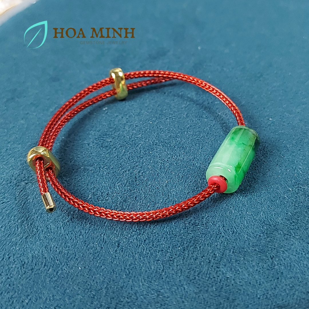 Vòng tay dây cáp đỏ phối lu thống Cẩm Thạch xanh lý táo size 9x18 li phong thủy may mắn