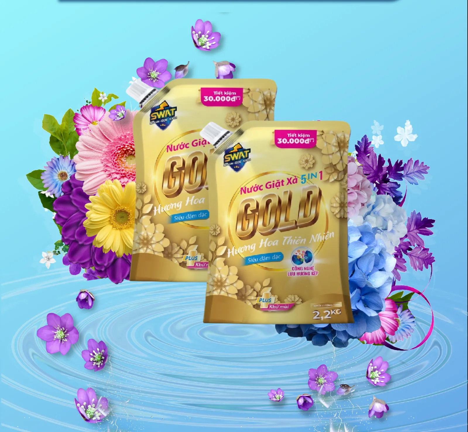 Combo Nước Giặt Xả SWAT 1 túi Gold 2.2kg + 1 túi Romantic 2.2kg + 1 túi Luxury 2.2kg - Siêu tiết kiệm giúp diệt khuẩn