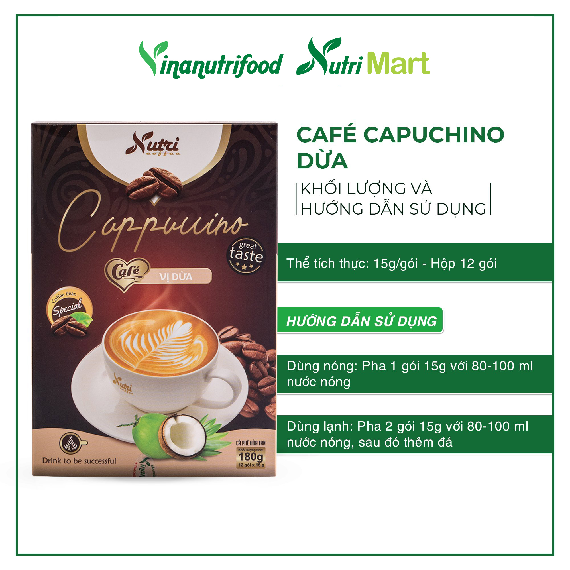 Cà phê capuchino dừa Vinanutrifood C03, cafe có hương vị dừa hảo hạng, tạo nên sự mới mẻ mang đến cảm giác thoải mái, thư thái khi thưởng thức, đảm bảo an toàn thực phẩm đáp ứng đầy đủ tiêu chuẩn GMP - WHO (15g x 12 gói)