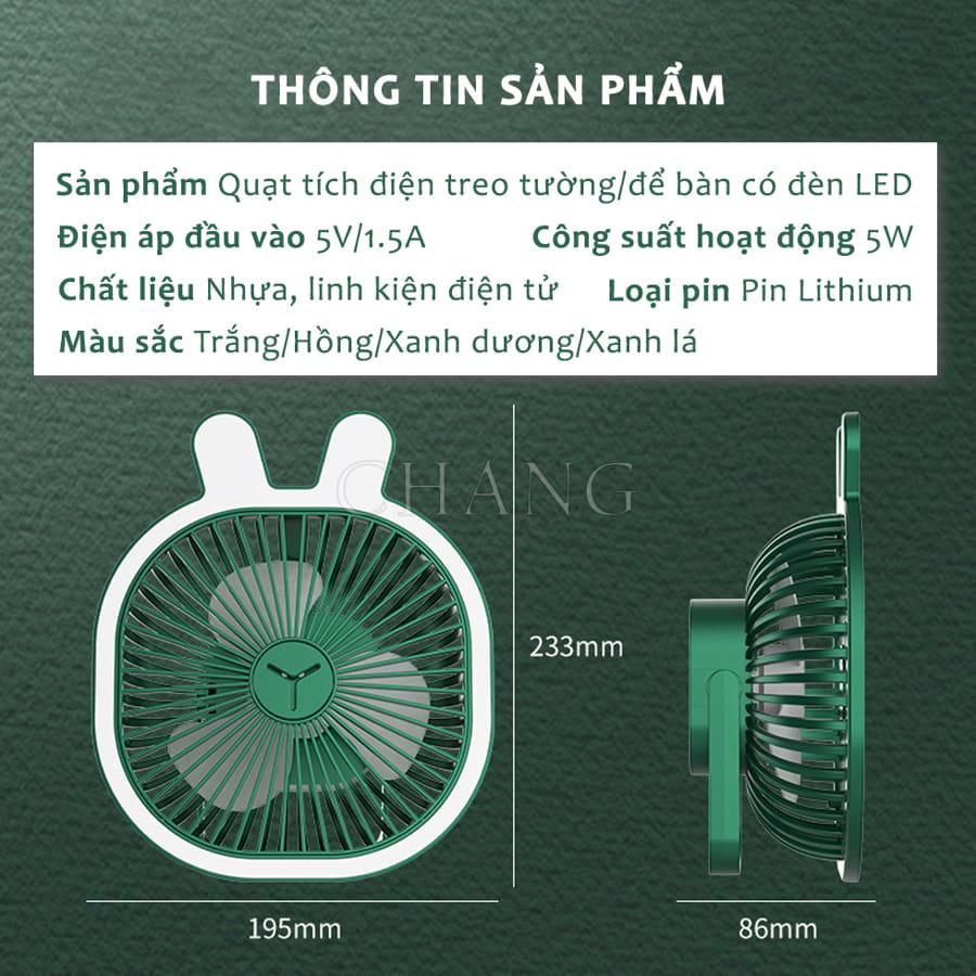 Quạt Tích Điện Tai Thỏ Treo Tường Có Đèn, Quạt Để Bàn Kiêm Đèn Ngủ 3 Cấp Độ Sáng, Điều Chỉnh Góc Gió 360 Độ