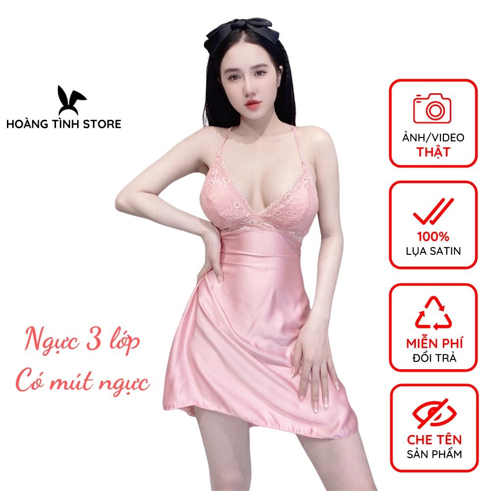 Váy ngủ sexy 2 dây phối ren có mút ngực Hoàng Tình Store lụa satin cao cấp gợi cảm mềm mại Freesize